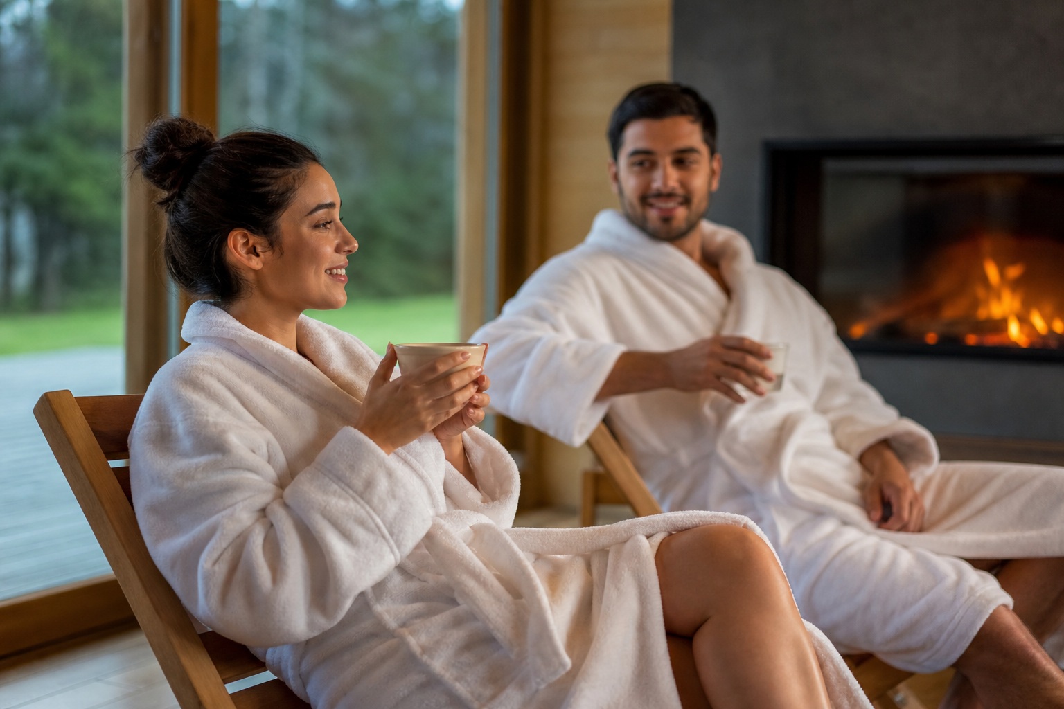 Smiling couple in white robes sitting together beside a fireplace in a luxury lounge.