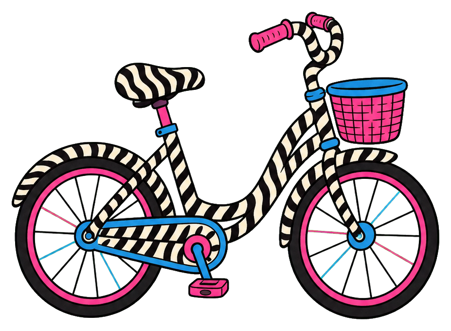 Zebra-striped bicycle with pink accents and a front basket
