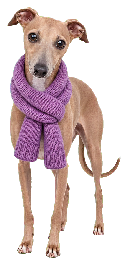Italian greyhound standing and wearing a large purple oversized scarf