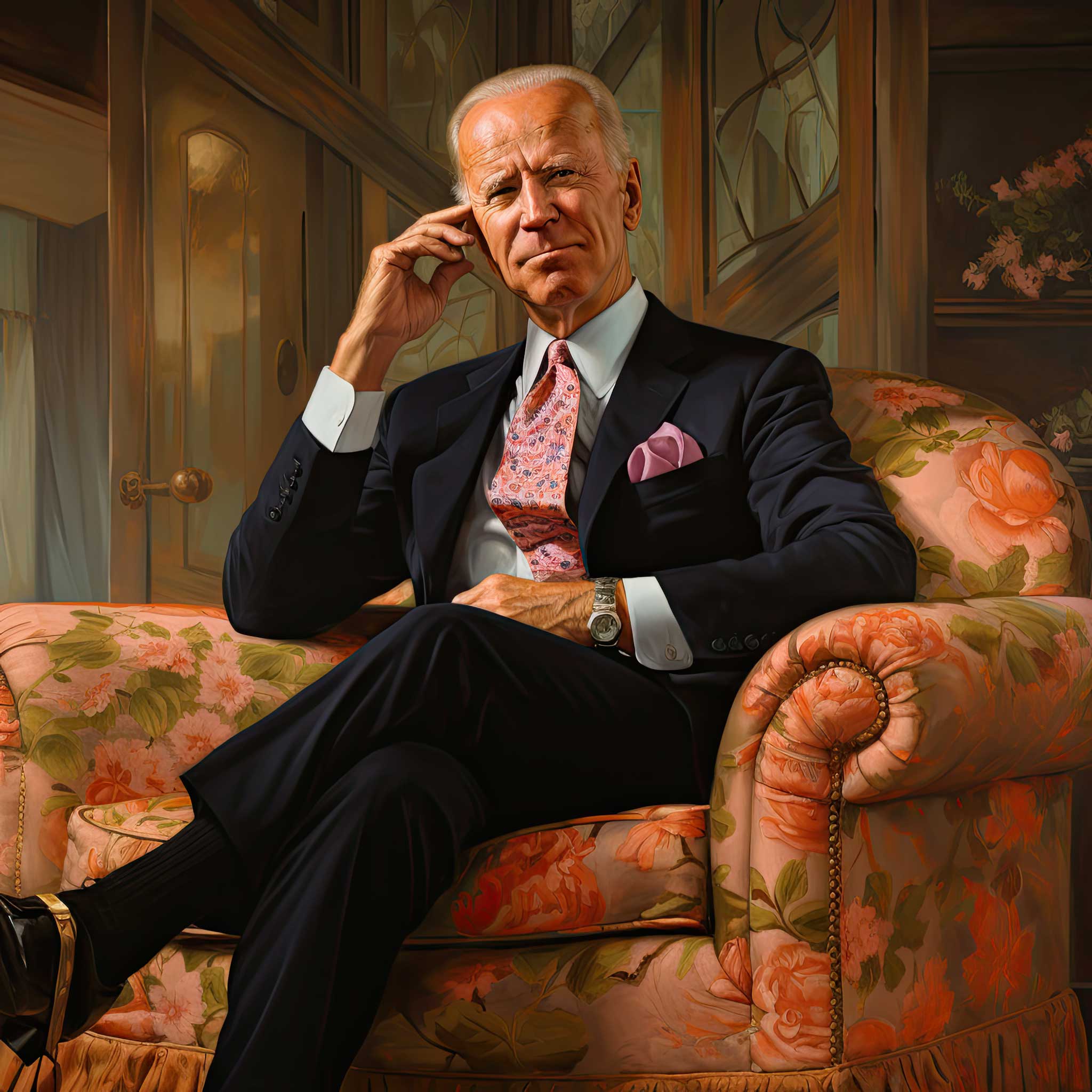 An older man in a suit sits relaxed on a floral sofa in a warm room.