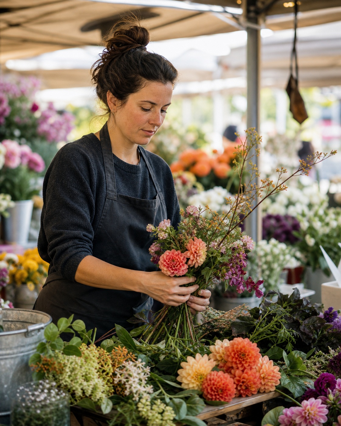 Woman arranging fresh flowers at a colorful flower market stall.