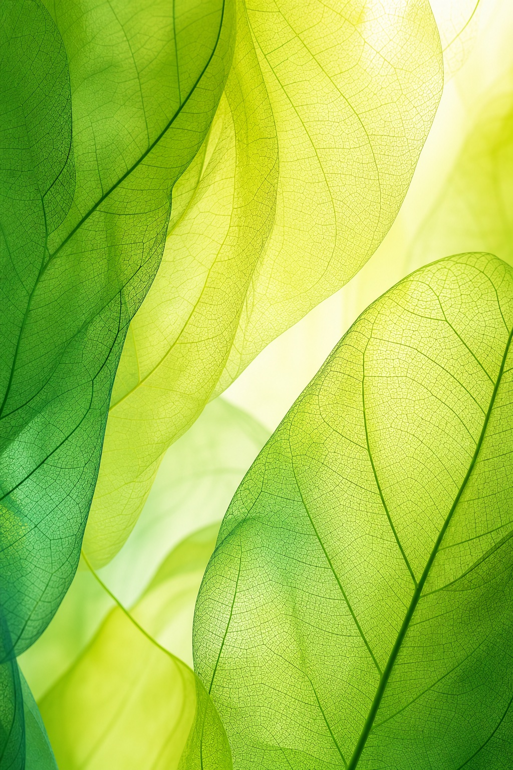 Layered translucent green leaves with visible veins and soft light gradients.