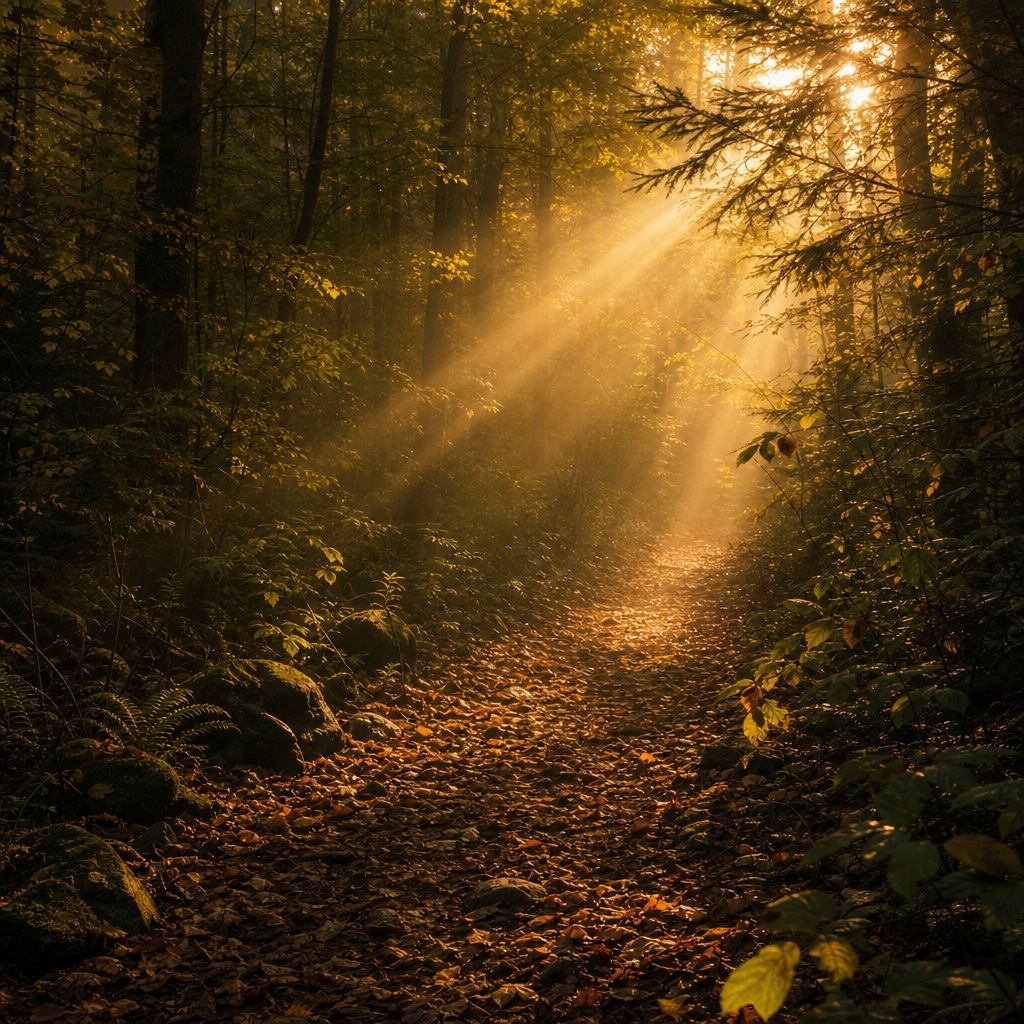 Sunbeams streaming through a misty forest path with trees and foliage