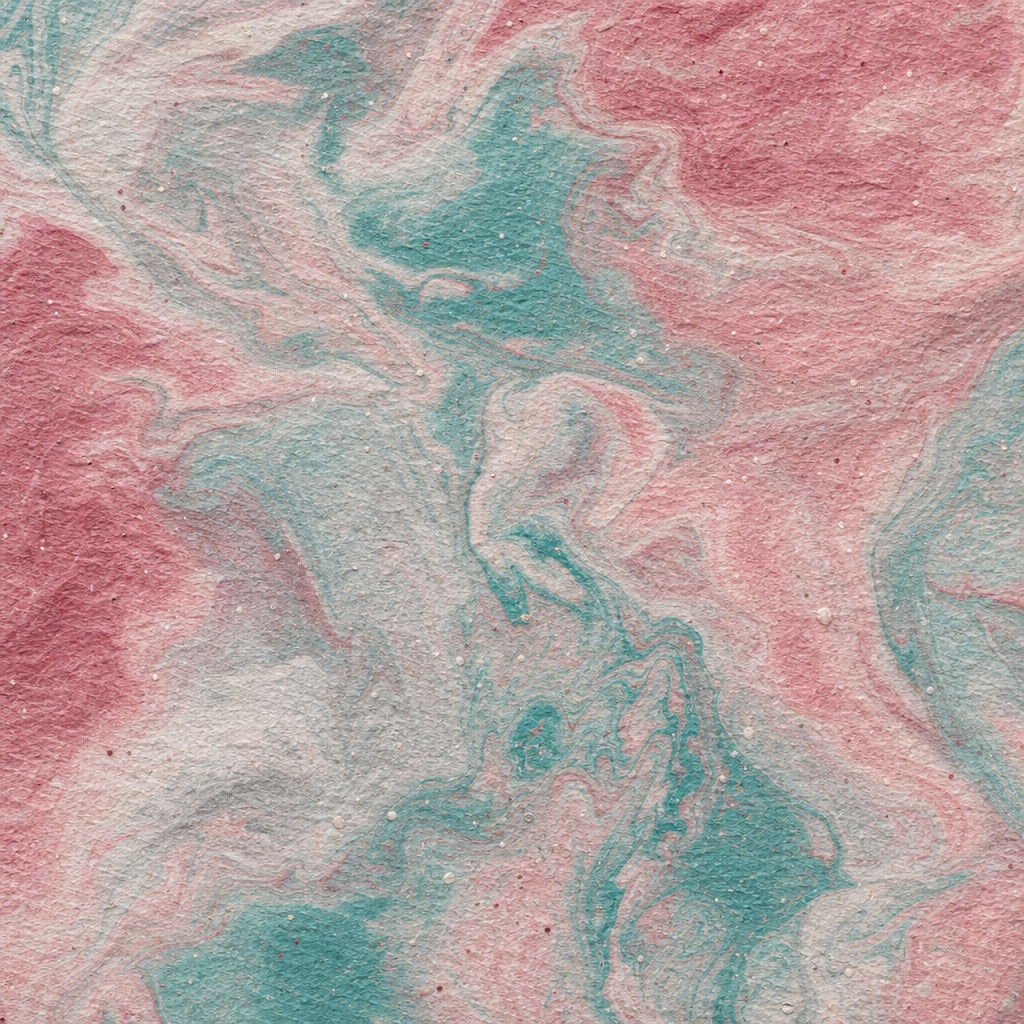 Rose and teal marbled paper texture with soft grain and flowing swirls