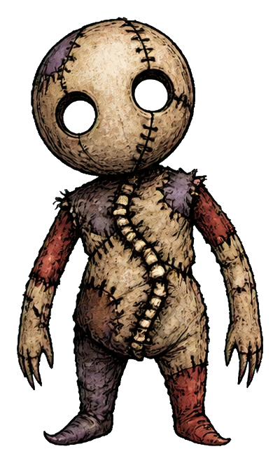 A stitched creepy doll monster with dark button eyes and mismatched limbs