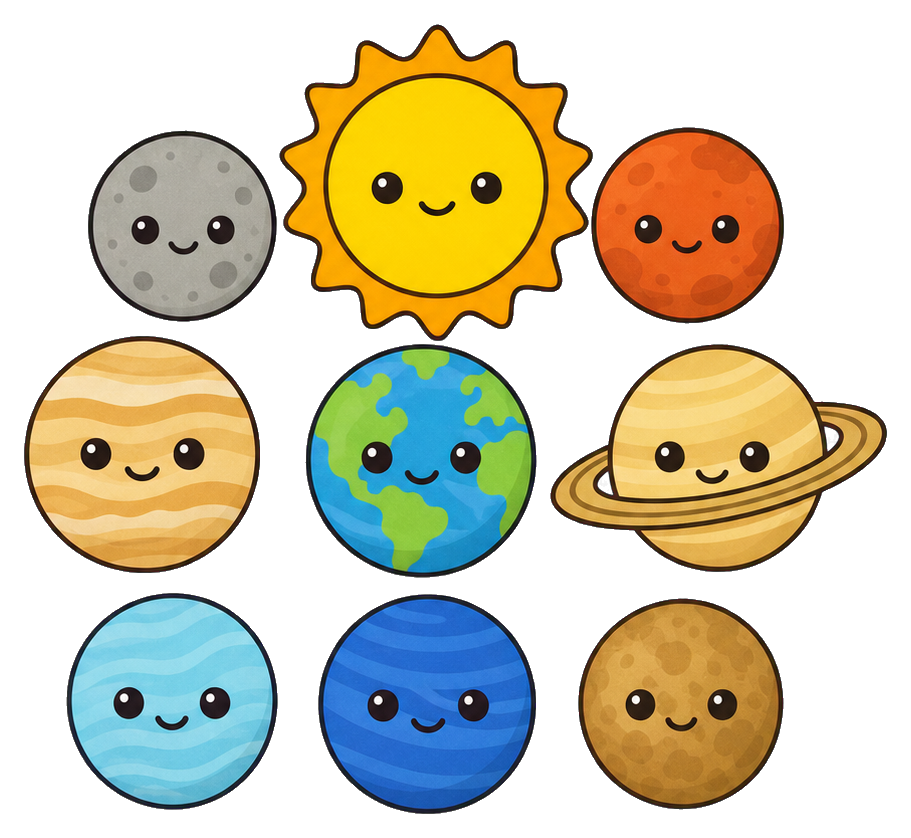 Cute cartoon solar system planets and sun arranged in a smiling kawaii style