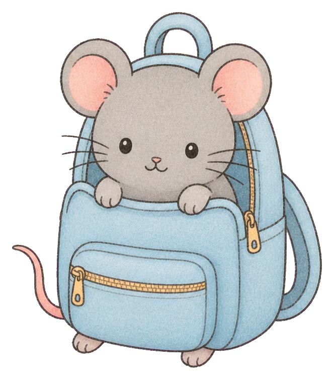 Cute gray mouse holding a light blue backpack with pink ears and tail.