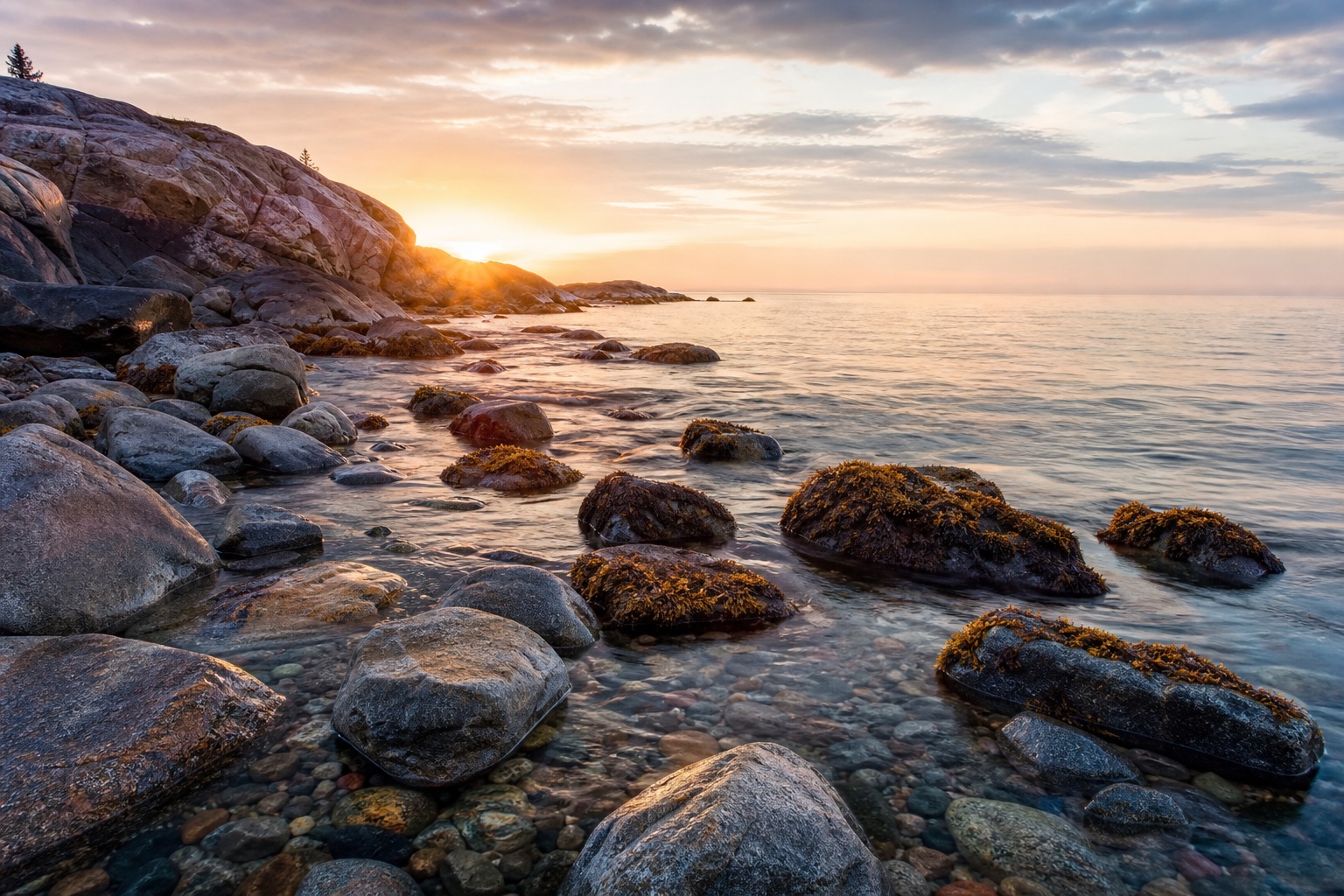 Rocky coastal shore at sunset with calm water and warm light