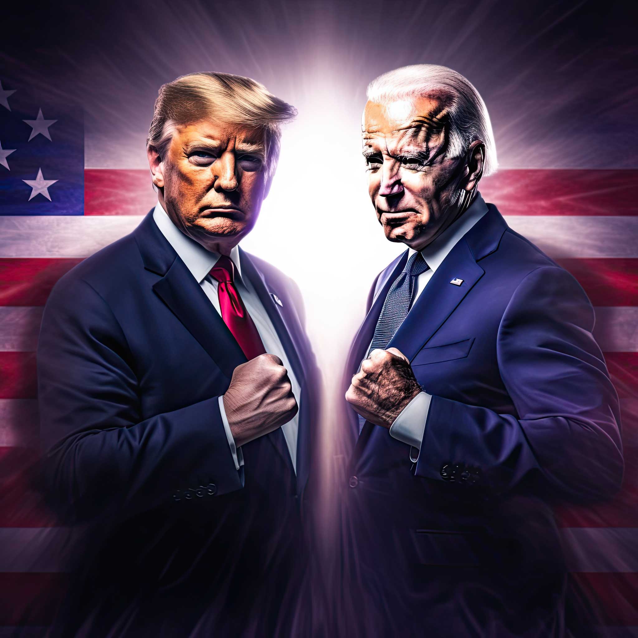 Donald Trump and Joe Biden facing off with raised fists against a glowing American flag background.