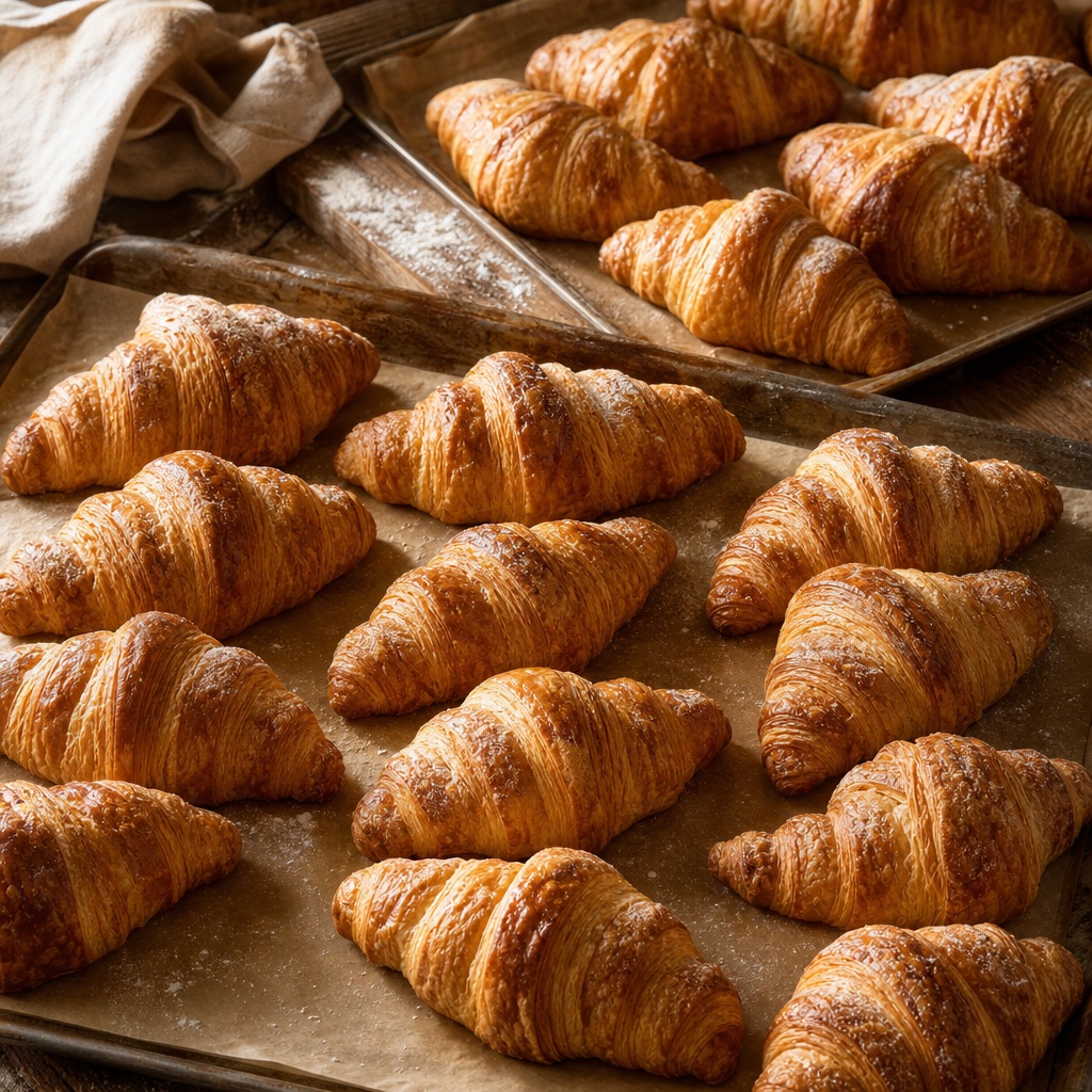 Tray of golden croissants arranged in a rustic mosaic with warm side lighting