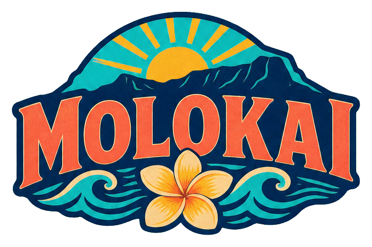 Retro Molokai text with a plumeria flower over ocean waves and sunset.