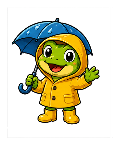 Cute green frog wearing a yellow raincoat and holding a blue umbrella.