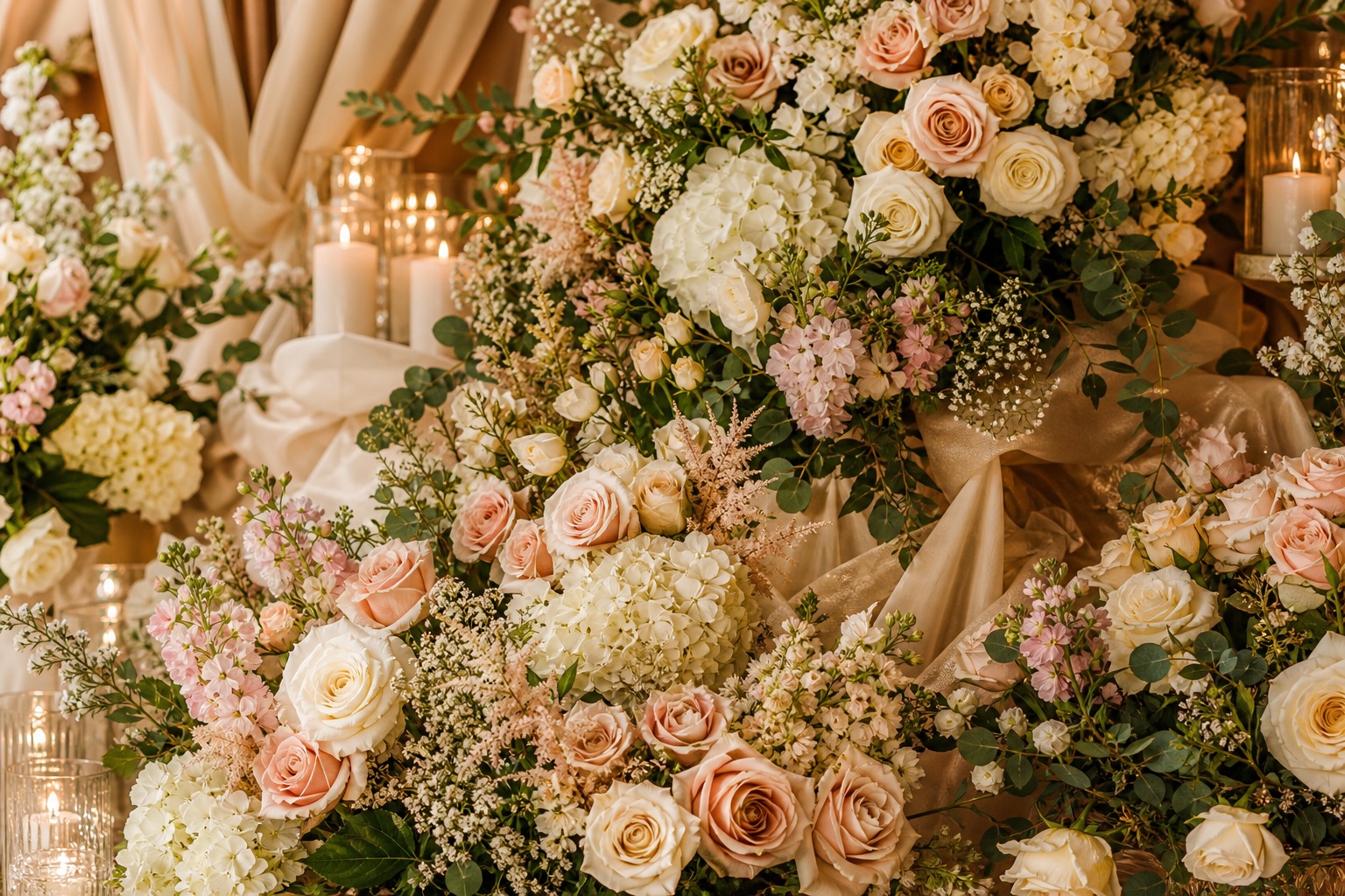 Champagne-toned wedding floral arrangement with roses and candles in a romantic garden setting.