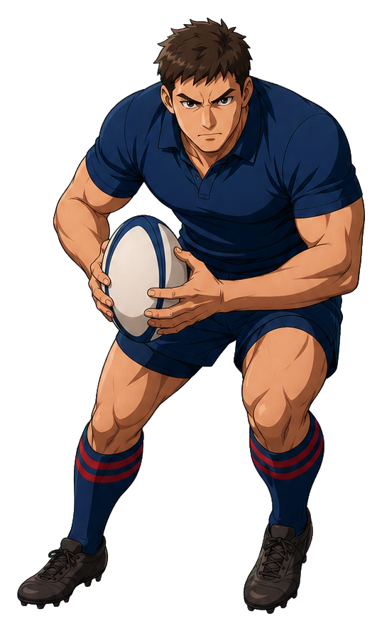 Anime-style rugby player crouching with a ball in a tackle-ready stance