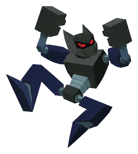 Dark robot in a jumping action pose with glowing red eyes and raised fists