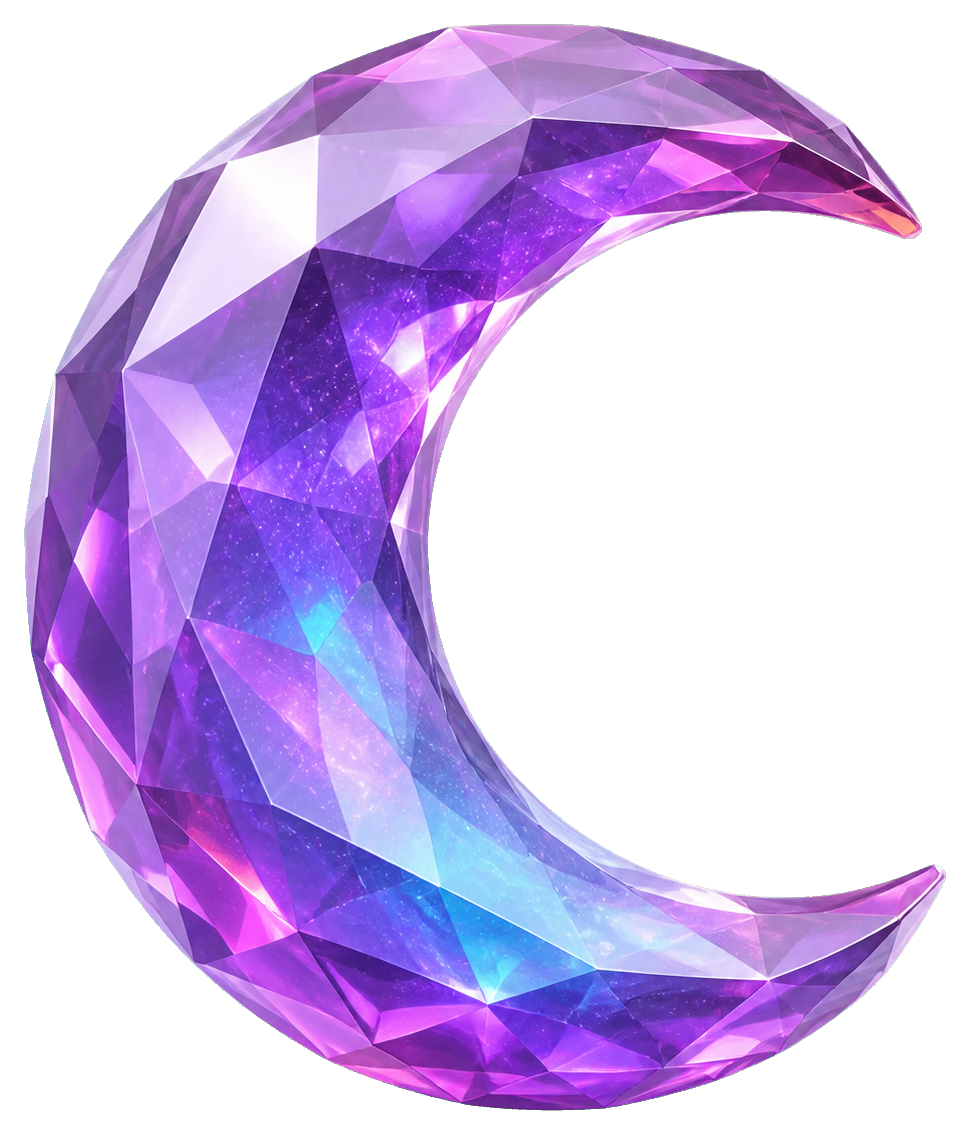 Faceted purple crescent moon gem with a crystal-like glow