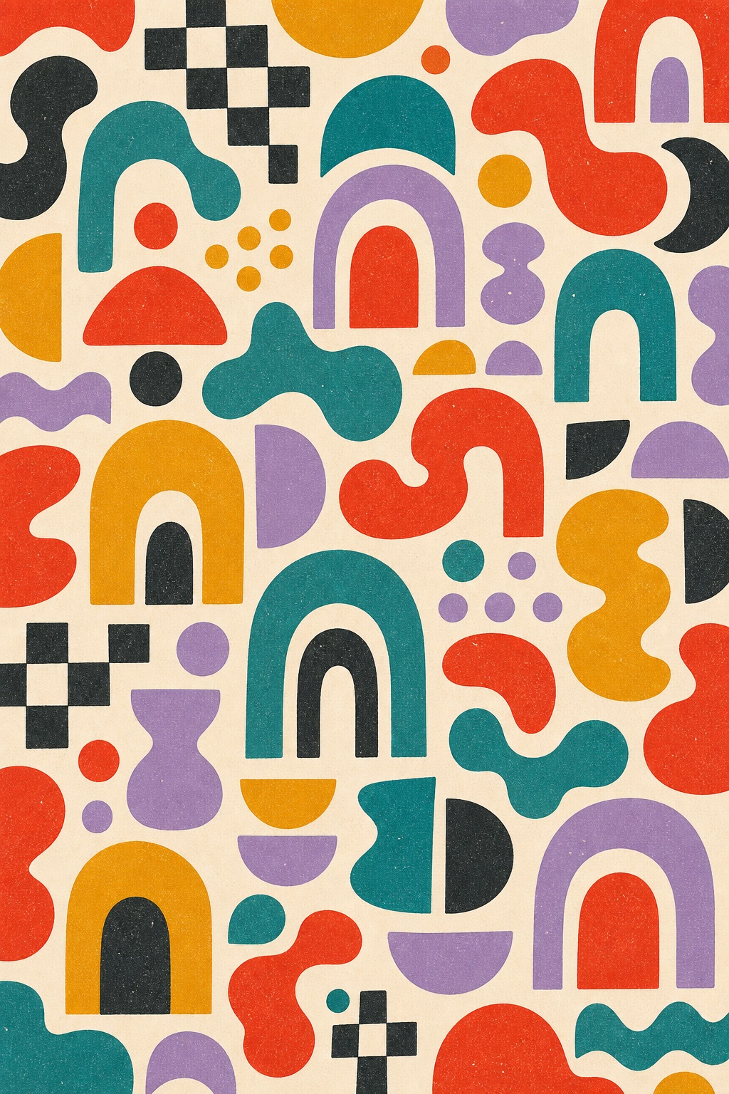 Colorful retro geometric pattern with arches, dots, blocks, and wavy shapes on cream background