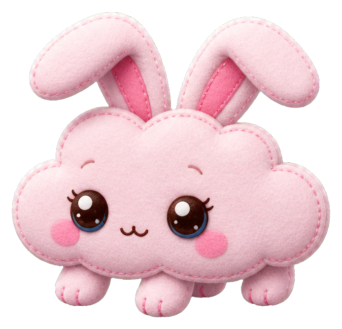 A pink cloud-shaped bunny with floppy ears, shiny eyes, and rosy cheeks.
