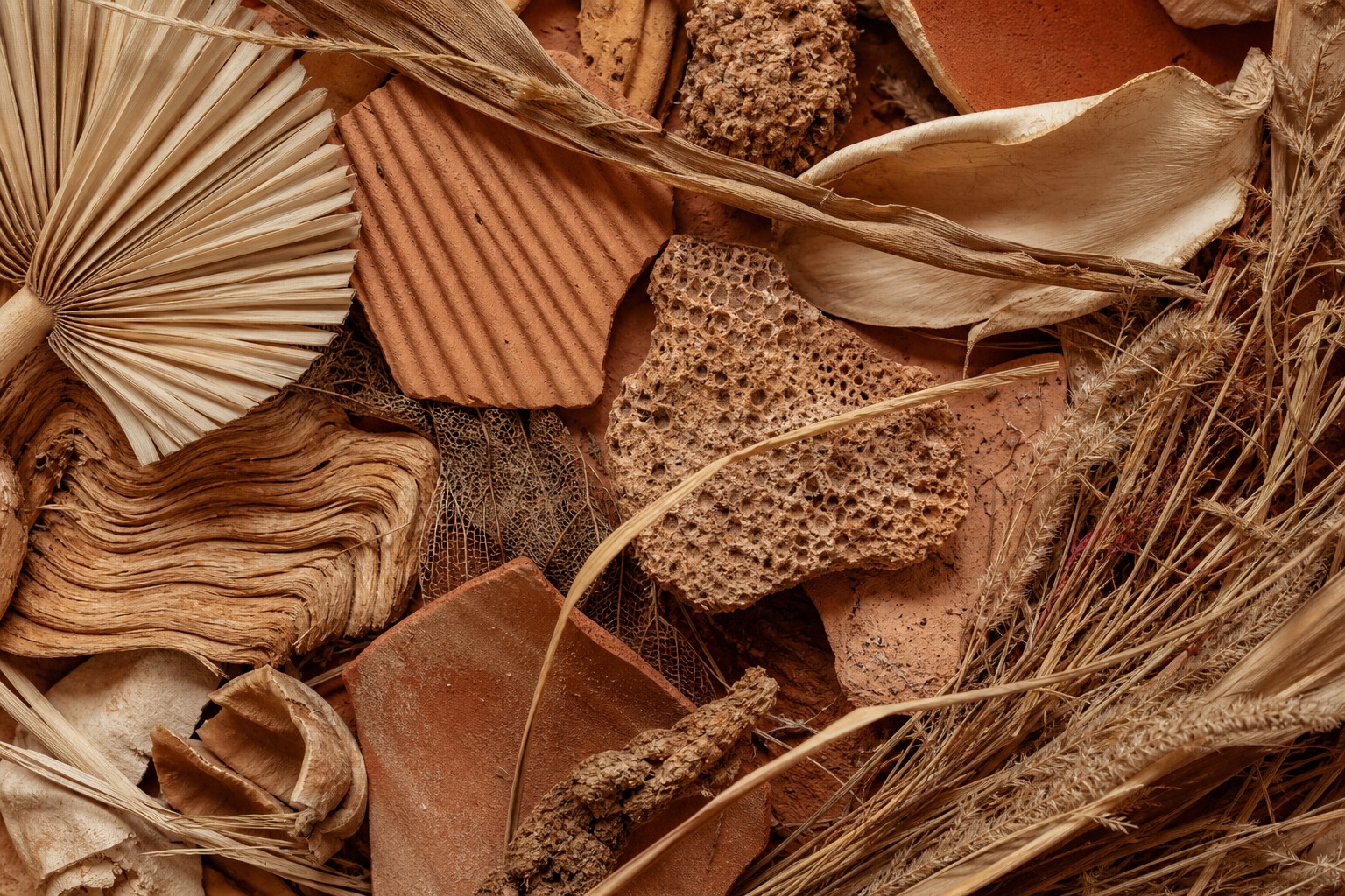 Dried botanical pieces and natural textures arranged on a warm terracotta surface.