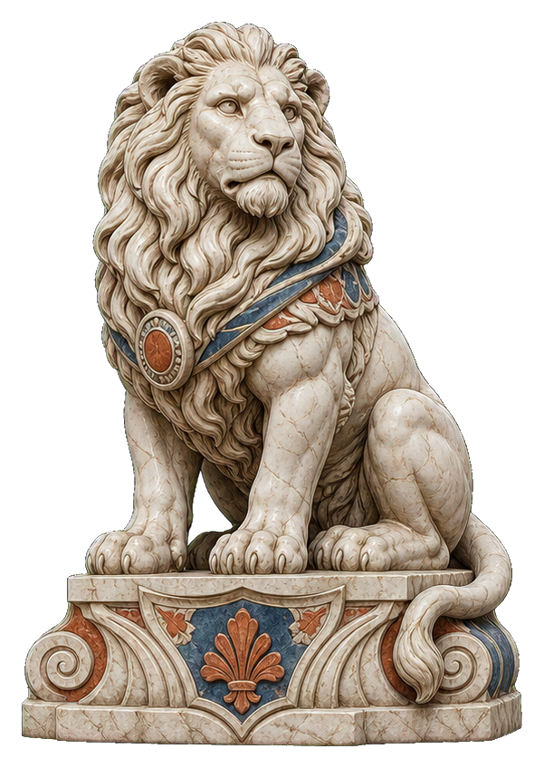 Marble lion statue sticker with a decorative stone base and ornate details