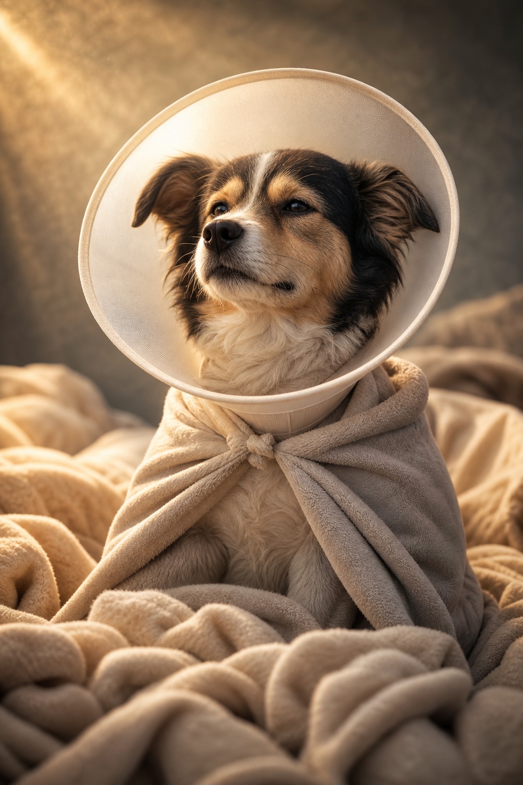 A calm dog wearing a cone and wrapped in a soft blanket portrait.