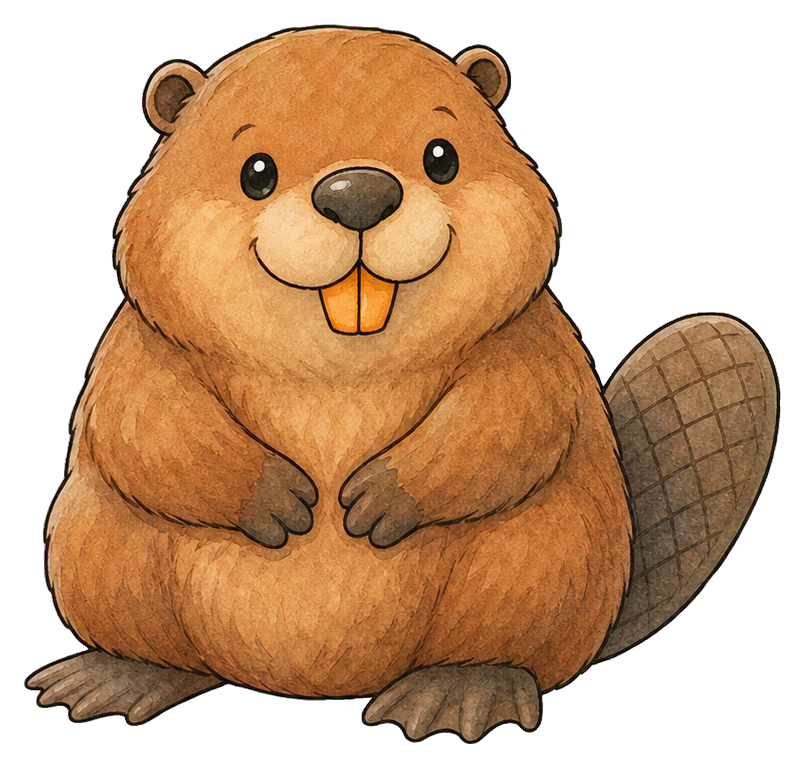 Cute cartoon giant beaver sitting with a fluffy body and large flat tail