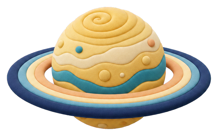 A 3D-style Saturn planet sticker with rings in beige, blue, and orange tones