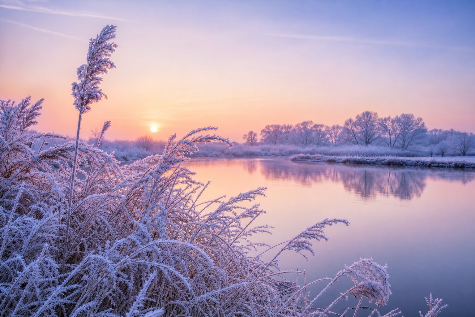 Frosted reeds beside a misty wetland at sunrise with pink blue sky