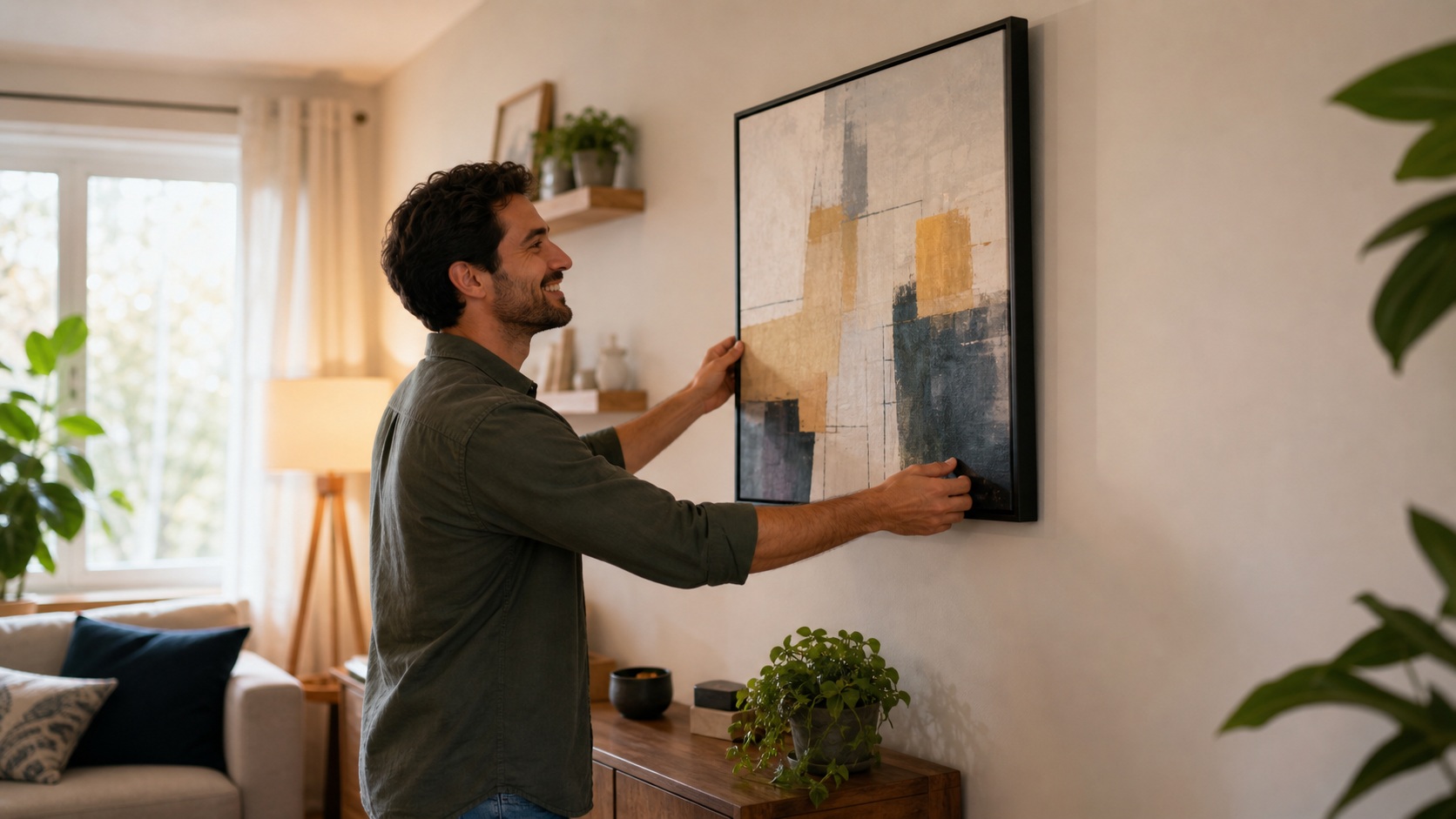 Man hanging framed abstract artwork in a bright living room.