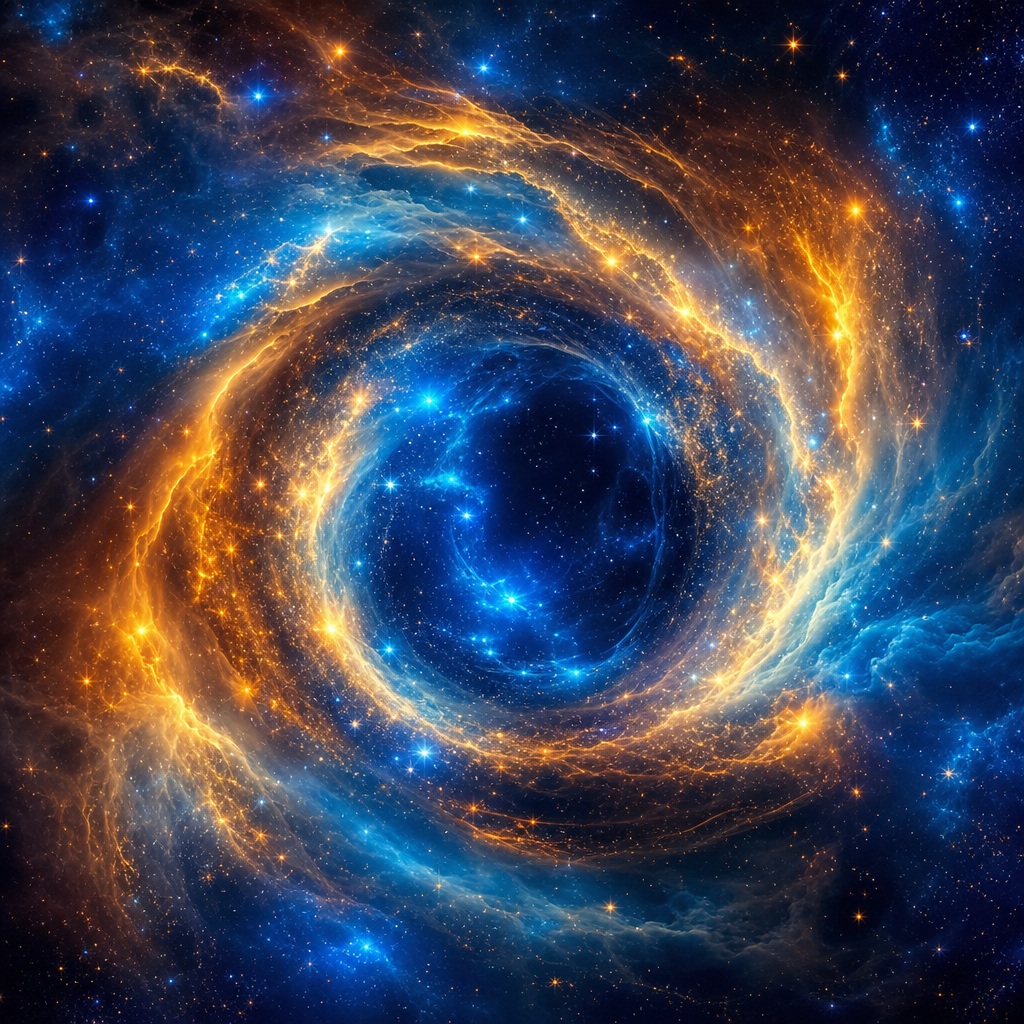 Blue and orange swirling nebula forming a glowing cosmic portal in deep space