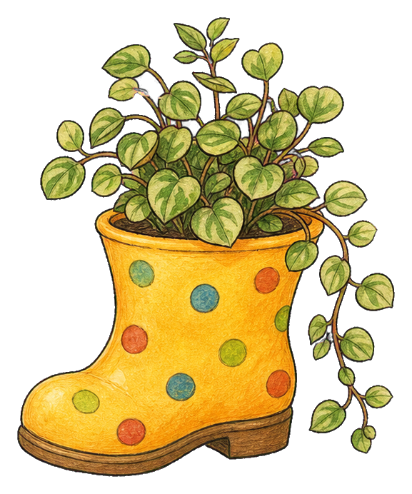 Yellow boot-shaped planter holding a leafy trailing plant
