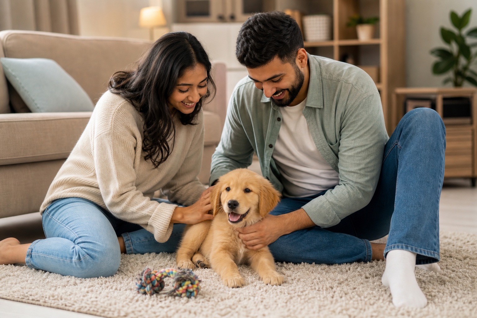 Smiling couple sitting on the floor with a puppy and dog toys at home