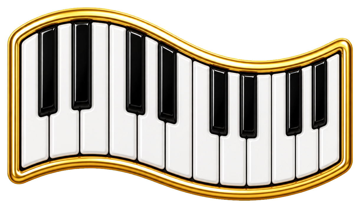 Curved piano keyboard with black and white keys and a gold outline