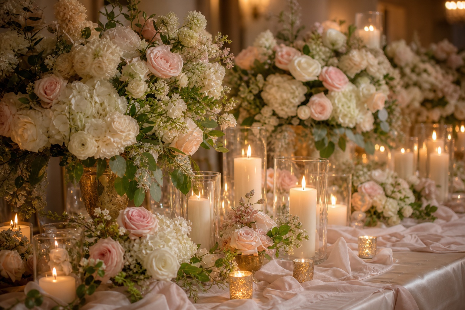 Candlelit wedding table with soft flowers and elegant romantic decor