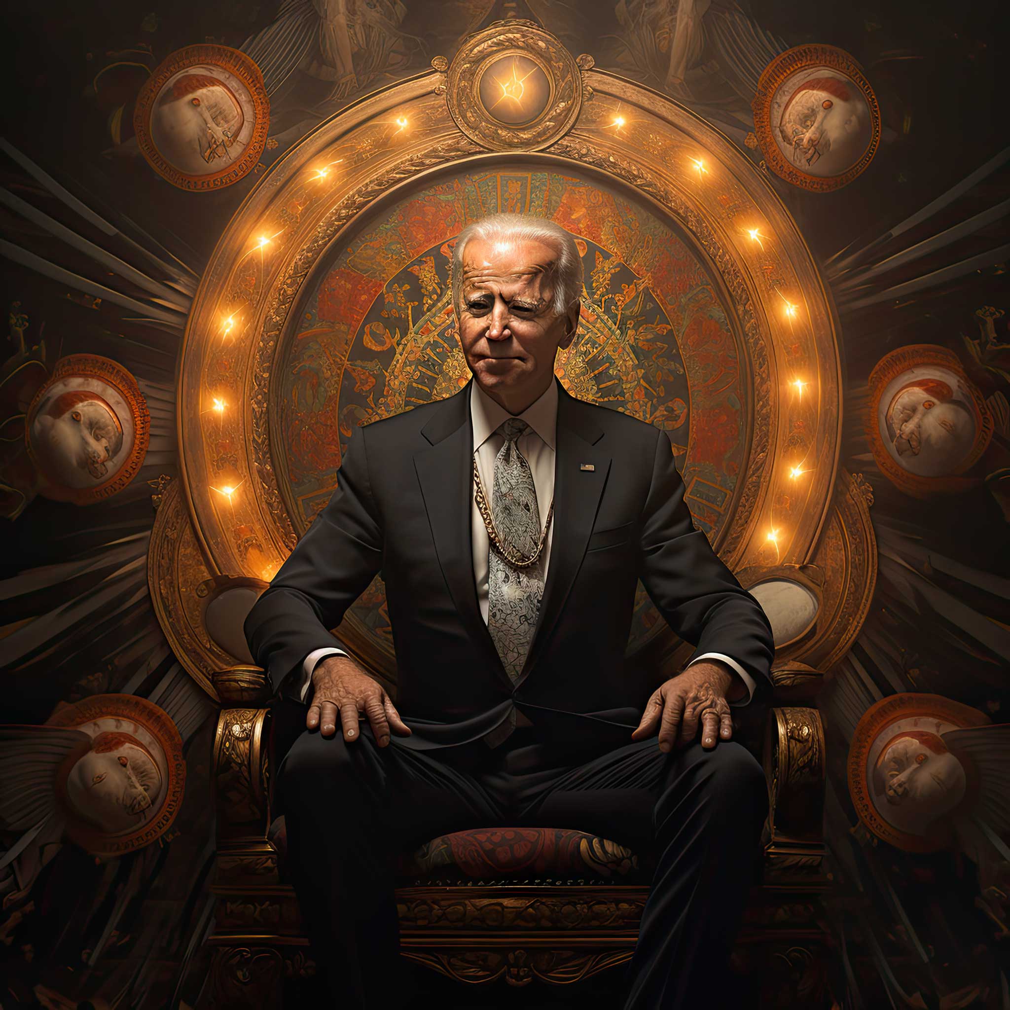 Joe Biden seated on an ornate throne with a glowing circular backdrop.