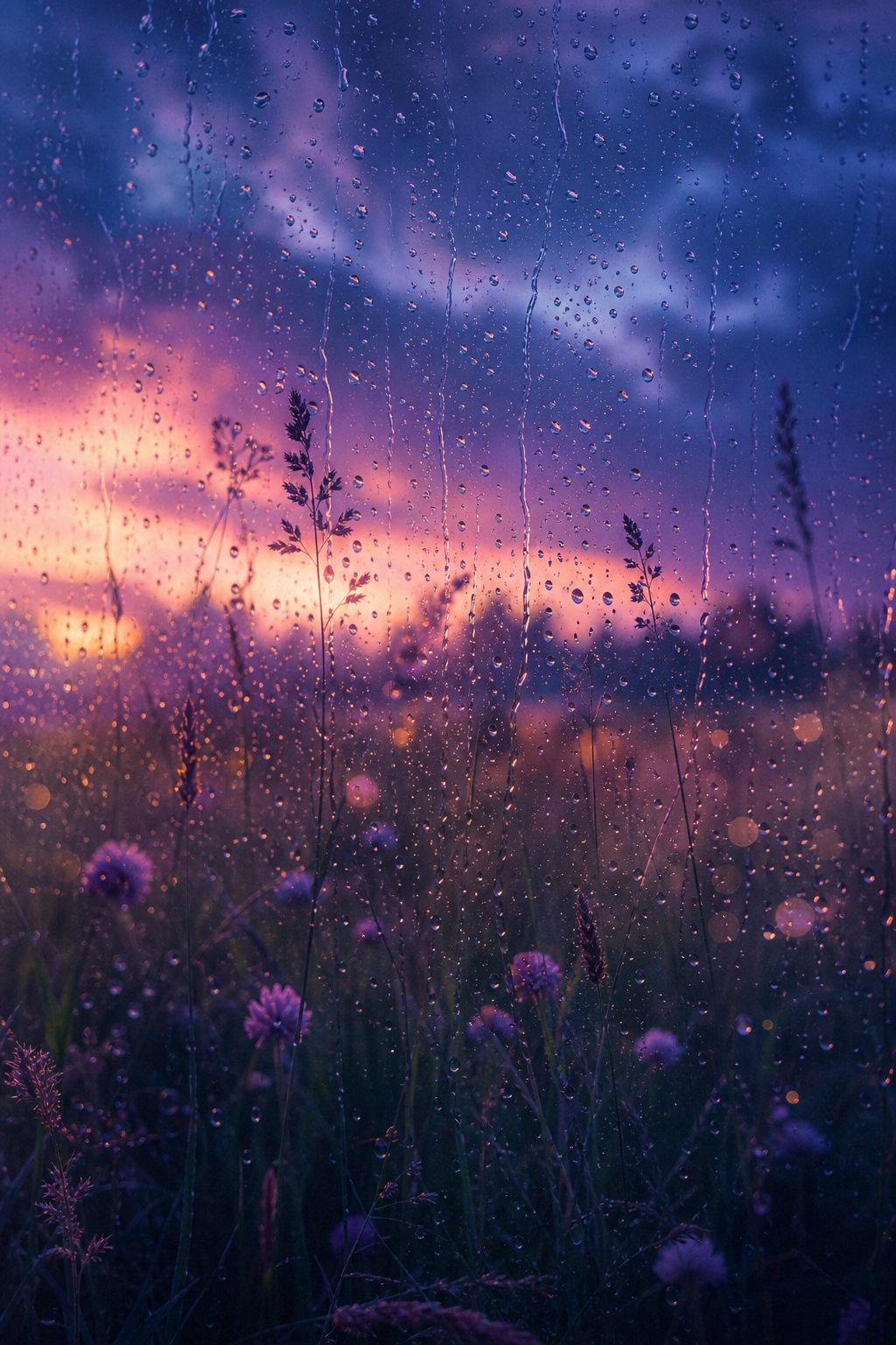 Raindrops on a window with a glowing twilight meadow and misty horizon beyond.