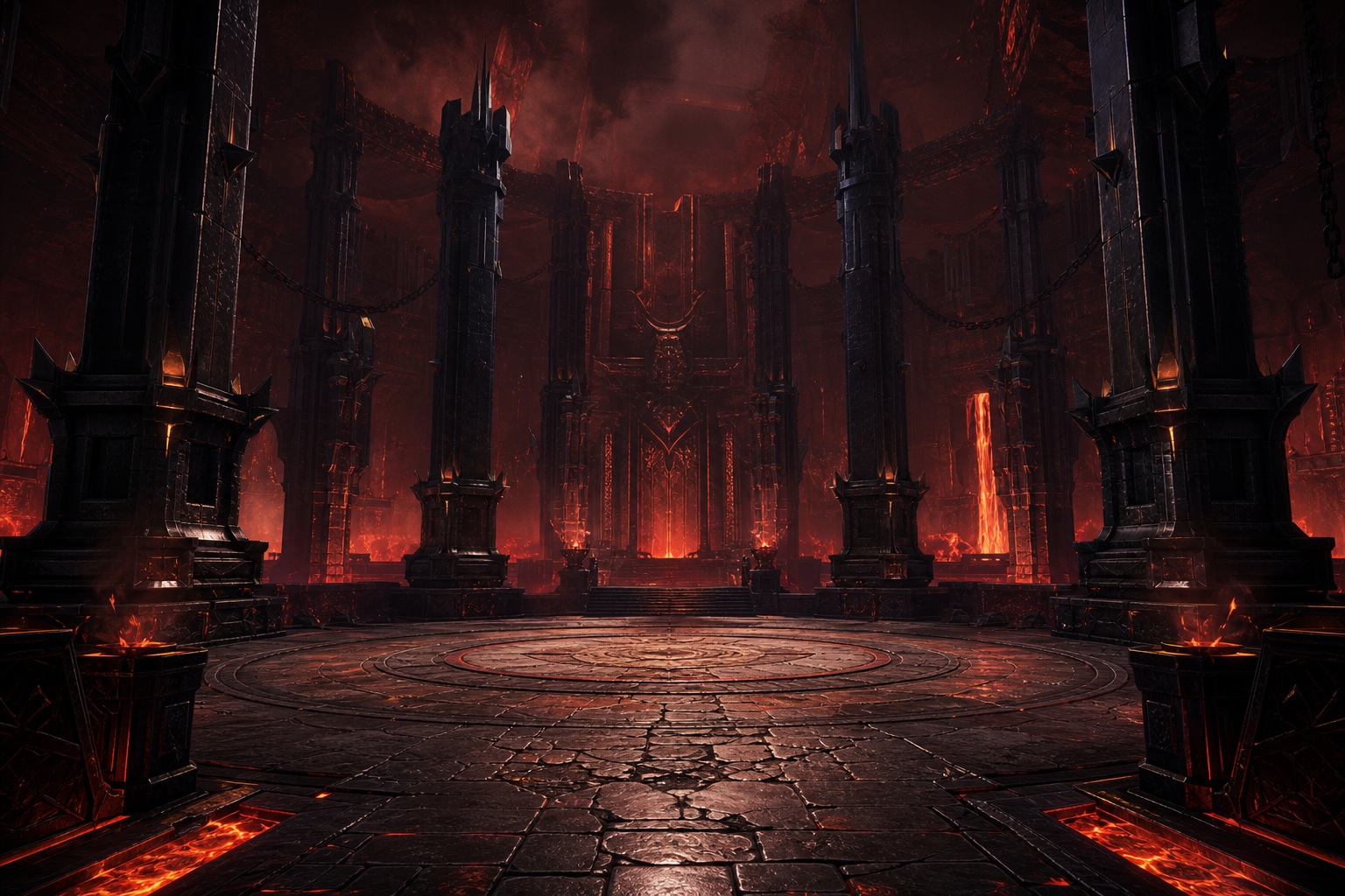 Dark fantasy chamber with towering pillars and glowing lava-lit floor