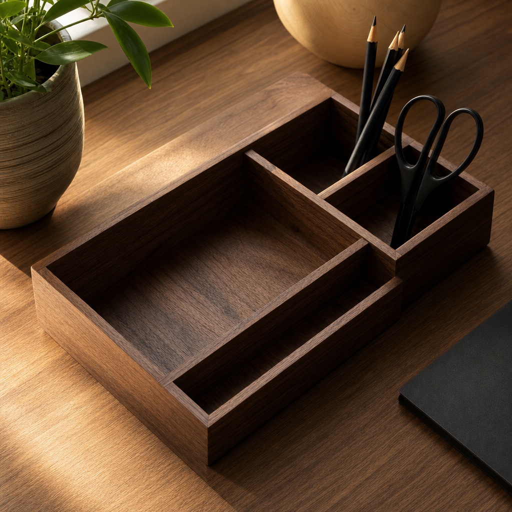 Square walnut desk organizer with pens beside a plant on a wooden workspace