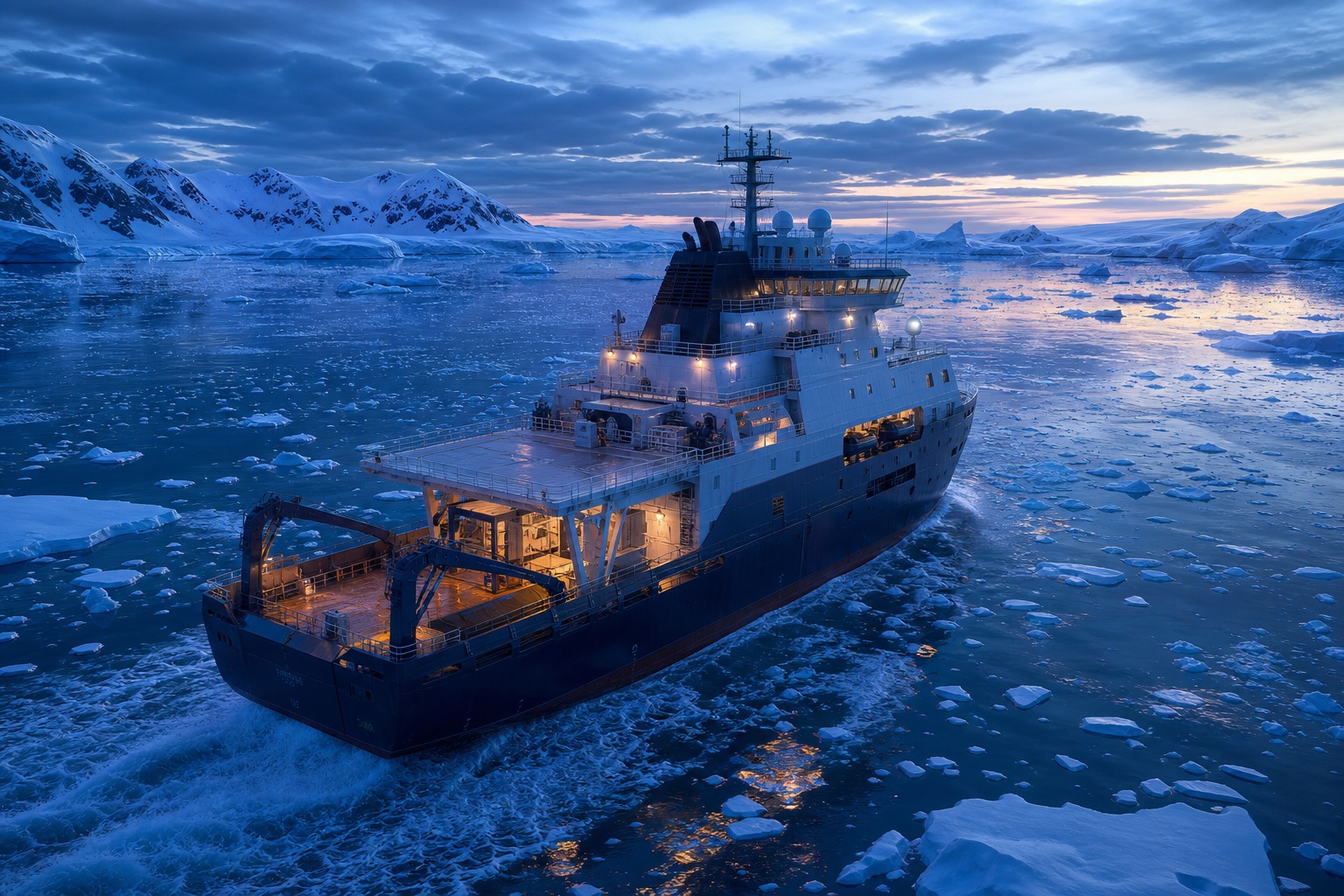 Icebreaker ship traveling through icy water at blue hour with snowy coastline behind it