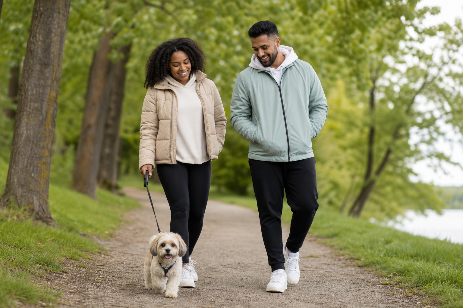 A couple walking a small dog on a wooded park path outdoors.