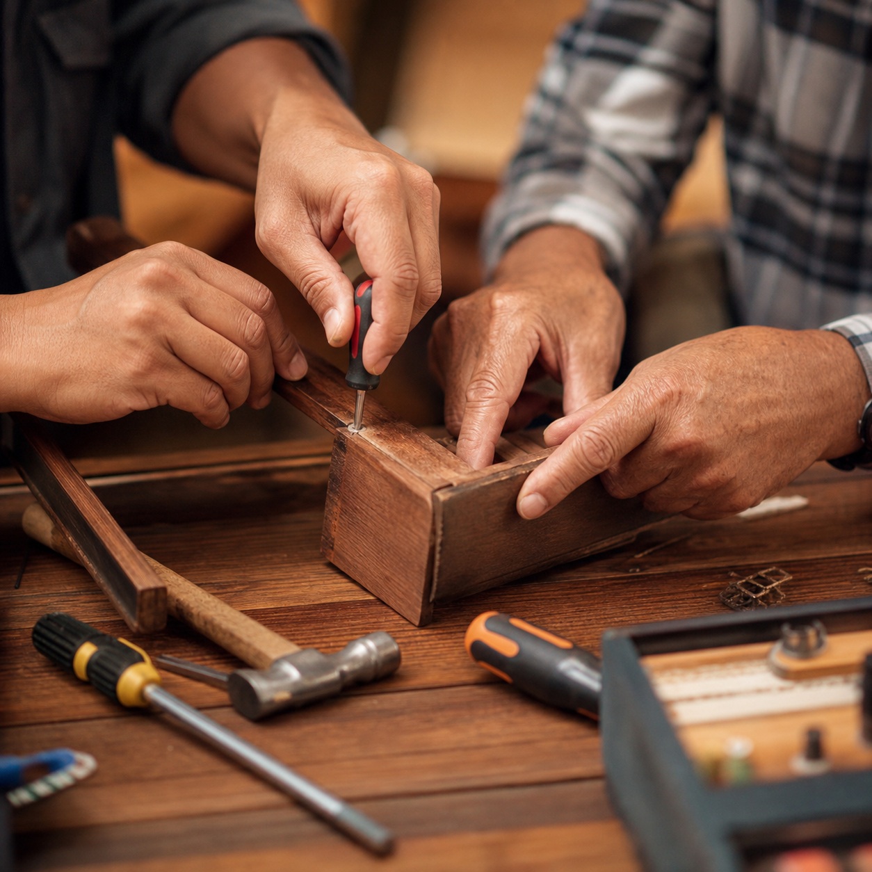 Several hands assembling a wooden box with tools on a workbench.