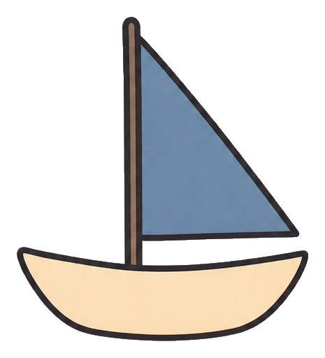 Simple sailboat sticker with a tan hull, blue sail, and black mast.