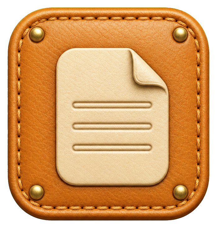 Leather square app icon with a paper note symbol and gold corner studs