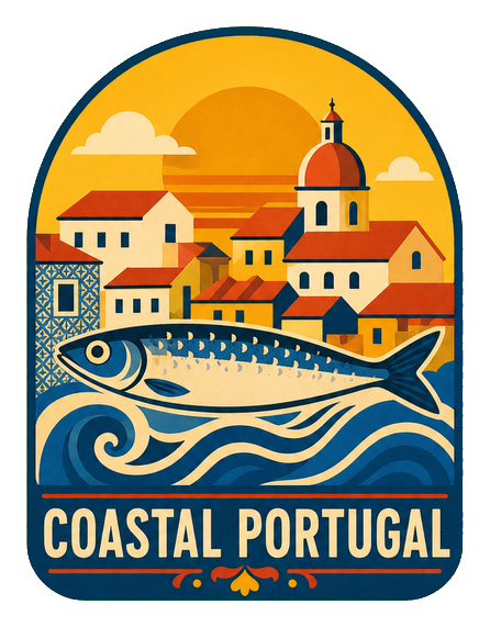Retro Coastal Portugal sticker with fish, seaside buildings, sunset, and bold text
