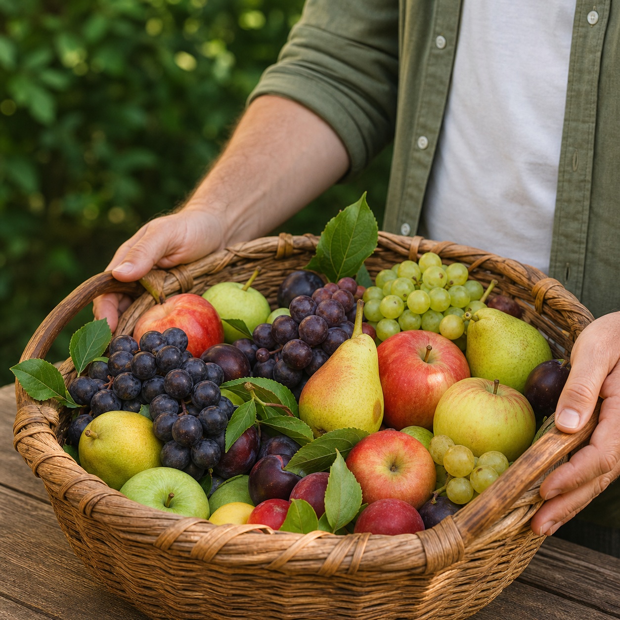 Hands holding a wicker basket filled with assorted fresh fruit at a market