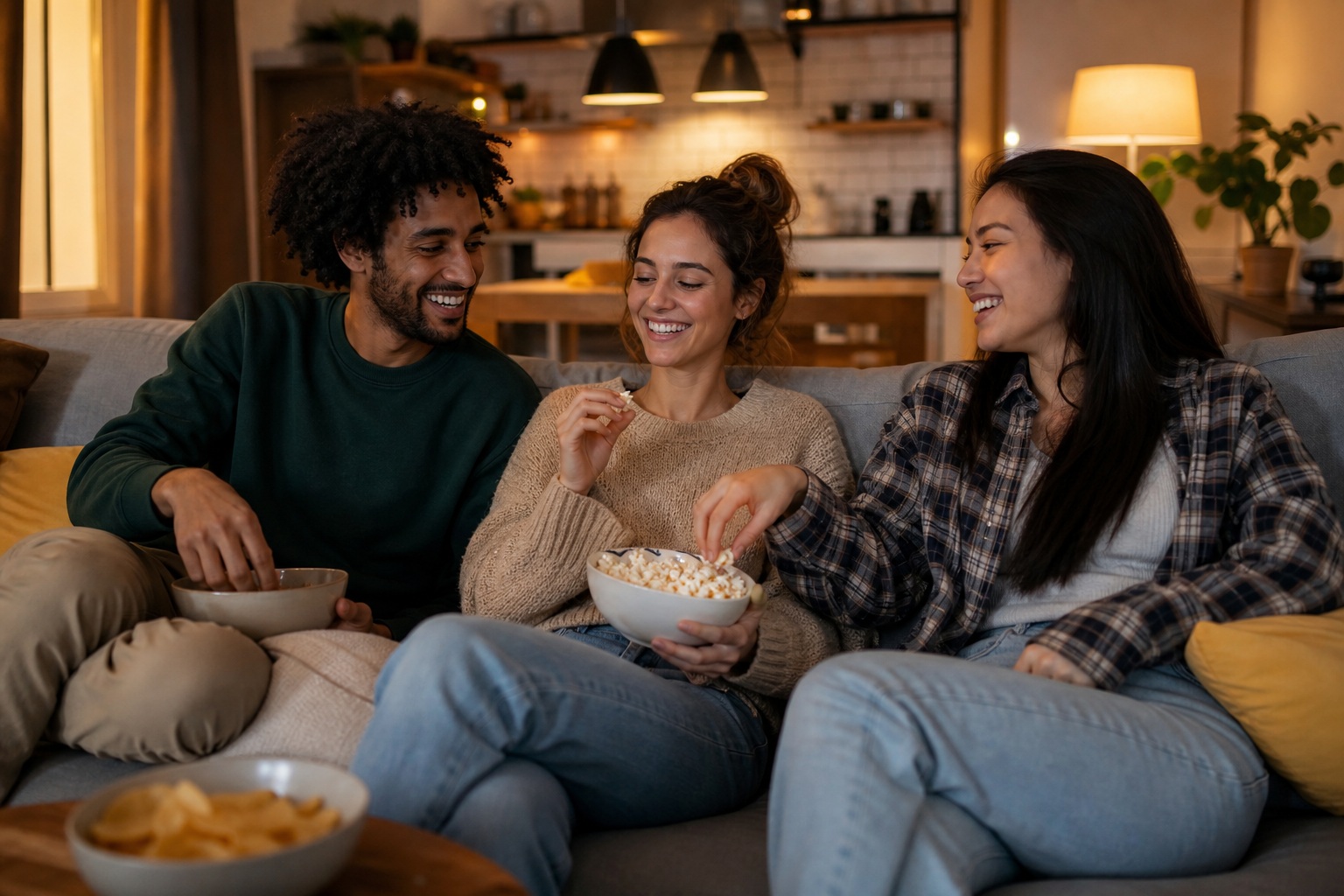 Three roommates sitting on a sofa in a cozy living room with snacks and drinks.