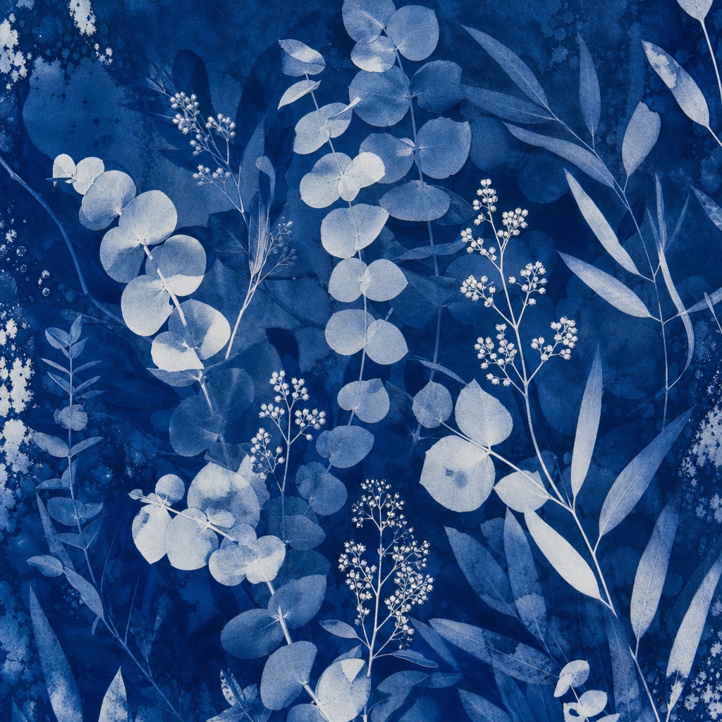 Blue cyanotype-style background with eucalyptus leaves and delicate plant shadows