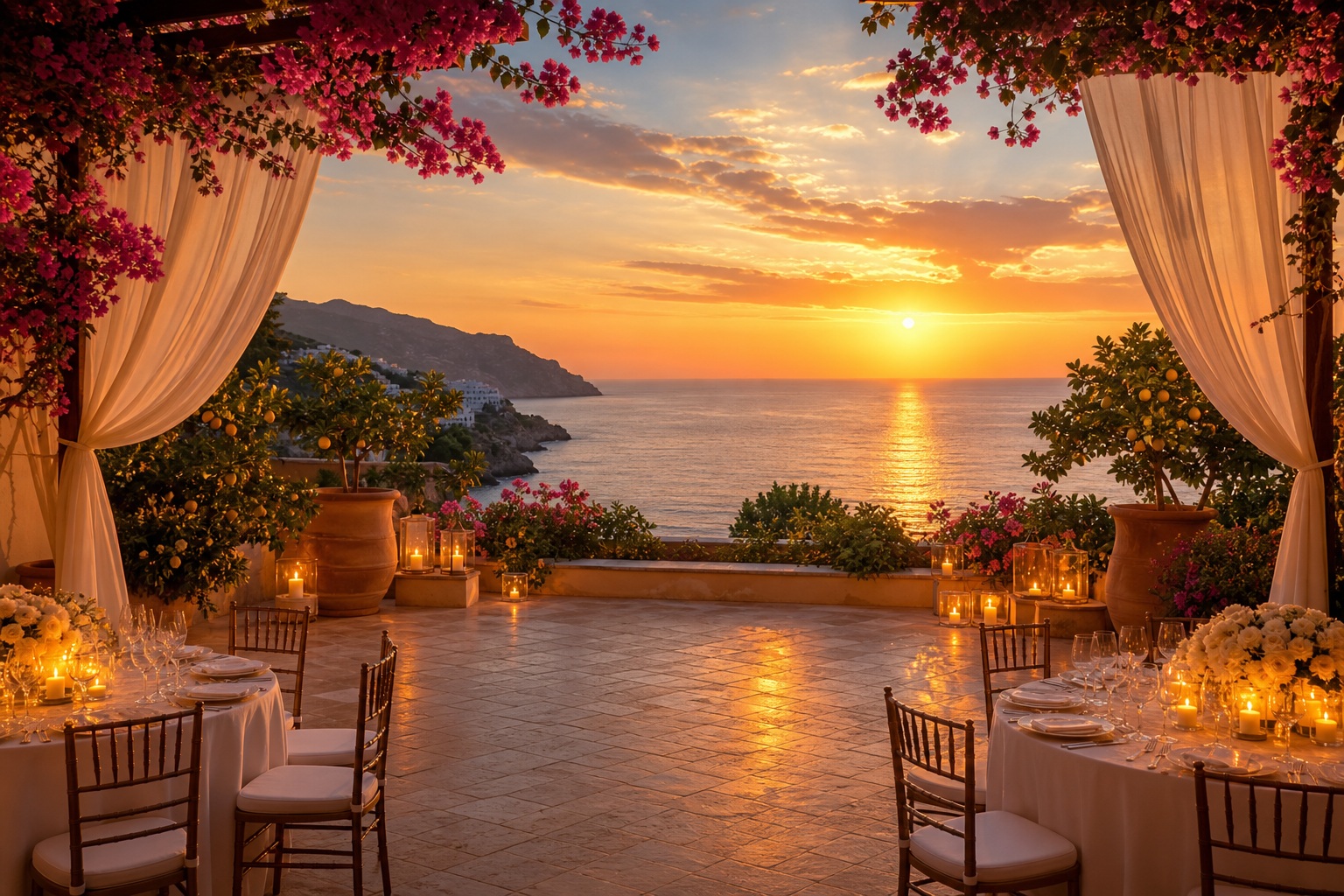 Romantic wedding terrace with bougainvillea, candles, chairs, and ocean sunset view