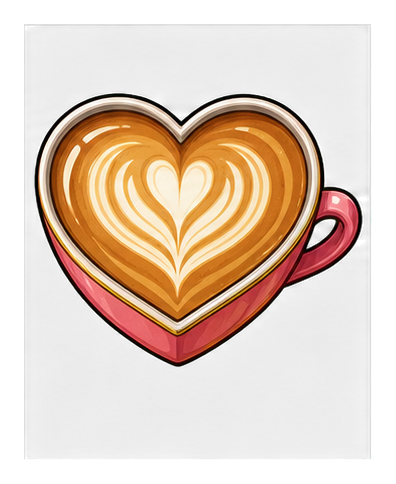 A pink coffee cup with latte art forming a layered heart in the foam