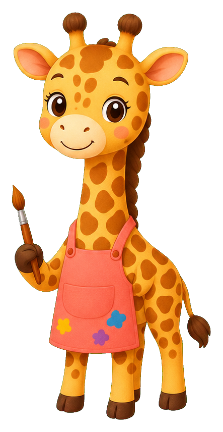 Cute giraffe wearing a pink painter apron and holding a paintbrush